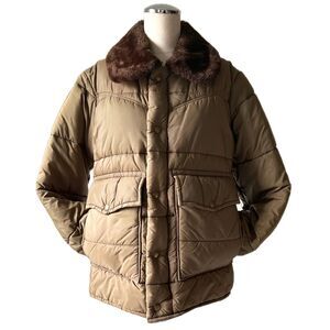 Vintage Walls Blizzard Pruf Coat Brown Faux Fur Trim Zip + Snap Front-Women's S